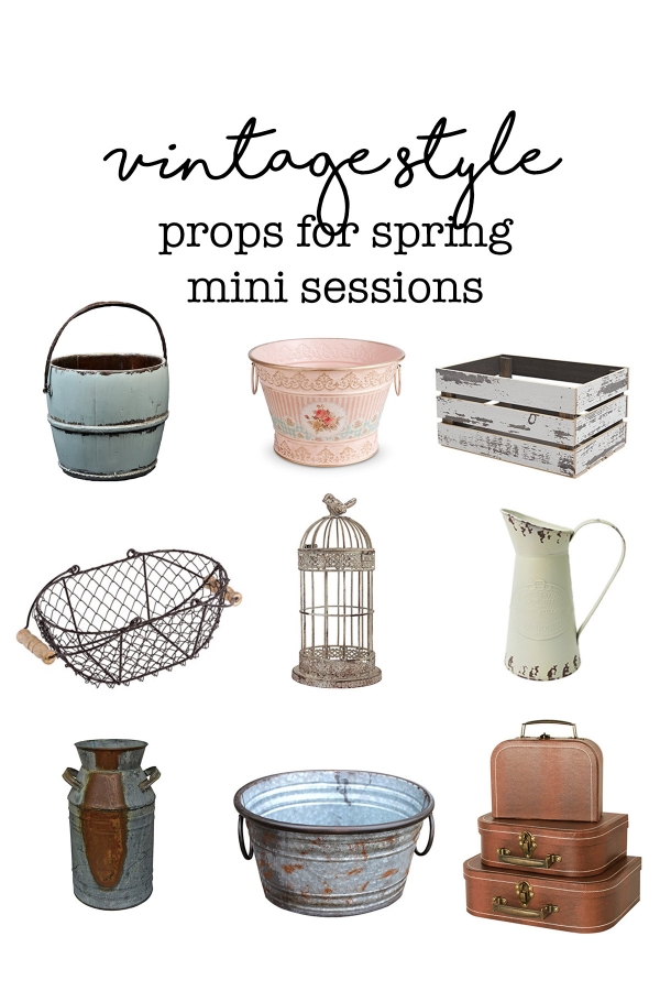 Vintage style photography props, props for spring mini sessions, props for easter mini sessions, spring mini session ideas, easter mini session ideas, vintage photography props, cheap photography props, photography prop ideas, spring photo session ideas, farmhouse photography props, farmhouse decor, vintage decor, vintage bucket, vintage suitcase, vintage milk jug